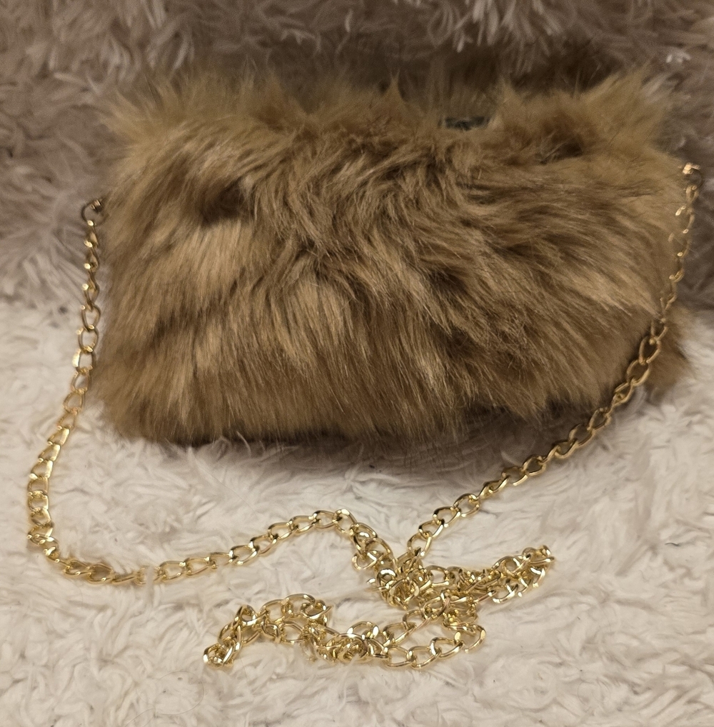 Faux Fur Crossbody Bag with Gold Chain